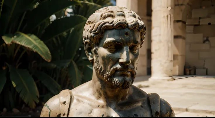 Ancient Greek statue with angry expression, tem barba, muitos detalhes em ambos os olhos, Outside, com rosto extremamente detalhado full body view, Colors with low saturation with dark tone, Filmado em Sony A7S III com Sony FE 35mm f/1.8, 12.1 MP, --AR 3:2...