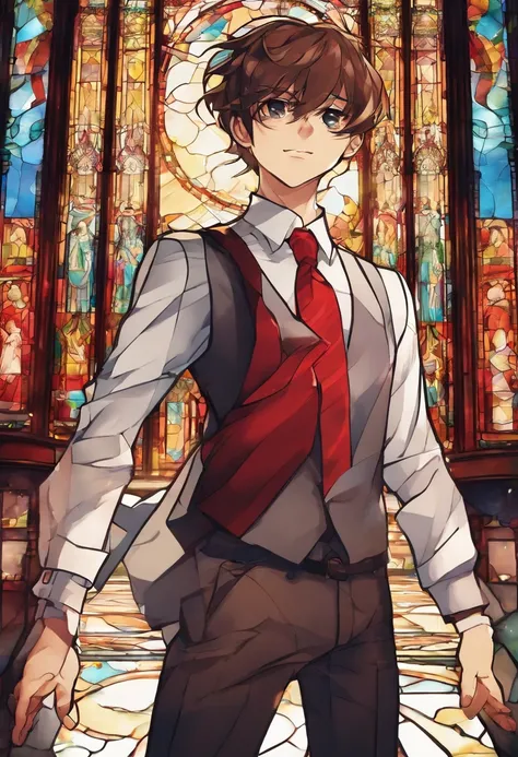 12year old Boy capturing pricture using mobile in front of mirror , wearing red pant and white shirt and red tie,anime,swag,attitude,stylish cloths,classy background,8K