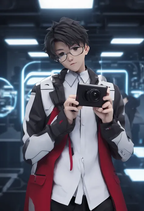 12year old Boy capturing pricture using mobile in front of mirror , wearing red pant and white shirt and red tie and without court,anime,swag,attitude,stylish cloths,classy background,8K