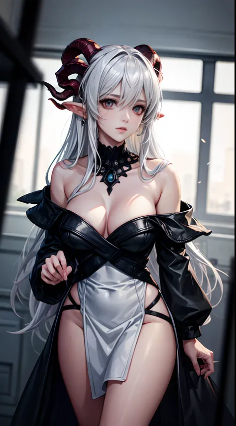 female devil with the horns, fire as background, White color hair, Off-the-shoulder attire, sexy dress, masterpiece, (high detail:1.1), Rough face, seductive, sexy pose, fashion model posing, Large breasts, Natural skin, high quality, NSFW, beautiful eyes,...