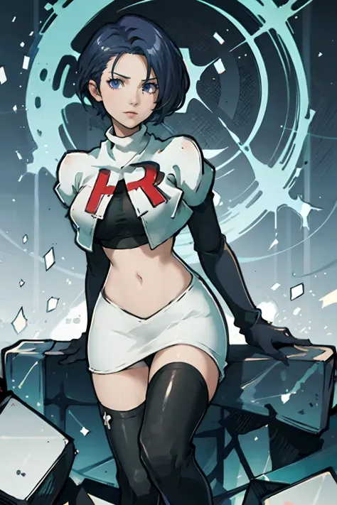 Shamir Nevrand (Fire Emblem: Three Houses), 1girl,team rocket,team rocket uniform,white skirt,crop top,black thigh-highs,black elbow gloves, serious look