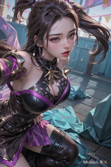 Irelia from League of Legends, KDA Irelia ((Realistic light, Best quality, 8k, Masterpiece :1.3)), Selfie, 1girl, Pretty woman with perfect figure :1.4, abs :1.1, (Brown hair, Huge breasts :1.5), arabic dress :1.2, Bed, Ultra-detailed face, Detailed eyes, ...