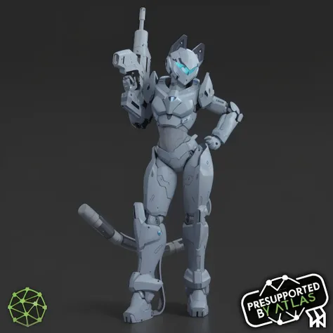 Close-up of a robot with a gun and helmet, armored feline companion, pvc poseable, female mecha, Fully robotic!! cat woman, Wear cyber armor, Cyberpunk style background