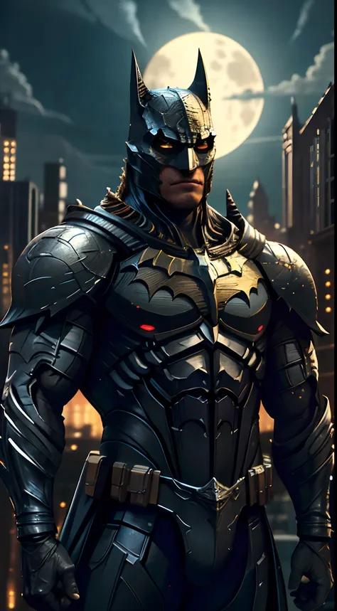 Batman of the Dark Knight stands imposing in a lost Gothic city. Moonlight highlights your muscles and scars. El paisaje es exuberante y misterioso, With futuristic technology, his costume is golden, like knights of the zodiac. Grandes musculos