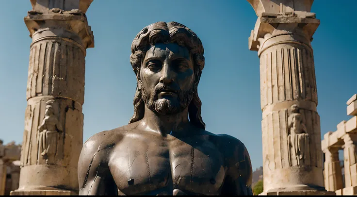 Ancient Stoic Statue With Very Angry Expression, tem barba, muitos detalhes em ambos os olhos, Outside, fundo atenas grego, open sky, com rosto extremamente detalhado full body view, Colors with low saturation with dark tone, Filmado em Sony A7S III com So...