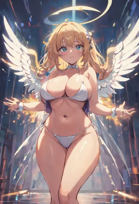 (((BIG BOOBS))) (((HUGE ASS))) (thick) anime girl slutty angel with giant boobs wearing bikini seen from the front