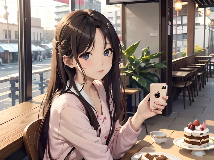 masuter piece, Best Quality, Realistic anime、8K Wallpapers, (beautidful eyes), ((Beautiful)), (lovely) ,(((1girl in))),23years old,((cafe terrace、Sit in front of the table、(Take a photo with your iPhone、Point your smartphone at the table))、A lot of sweets ...