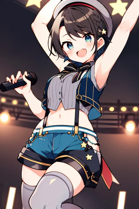 2D, ​masterpiece, top-quality, animesque, ighly detailed,  1girl in, 独奏, Subaru_suspenders, Subaru_suspenders, french braids, Blue jacket, Grey shirt, Black bow tie, Star(Symbols), Blue shorts, Midriff, Gray hat, Grey Socks, Live performance venue 、jumppin...