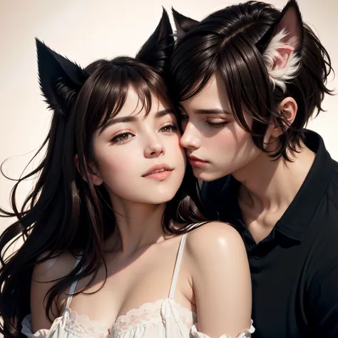 (high quality:1.2),(realistic:1.37),portrait,loving couple,cute cat ears, (young male with brown hair: 1.3), girl with black hair, kissing,European appearance,soft lighting,subtle colors,lush background,detail-oriented(cat ears,eyes,lips),intimate moment,s...