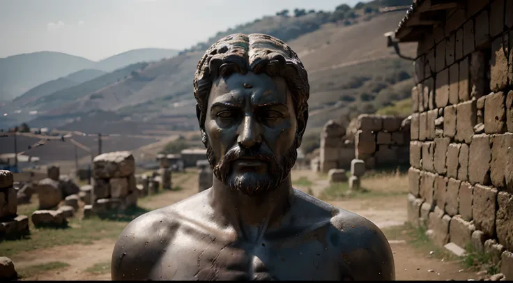 Ancient Stoic Statue With Very Angry Expression, tem barba, muitos detalhes em ambos os olhos, Outside, fundo atenas grego, open sky, com rosto extremamente detalhado full body view, Colors with low saturation with dark tone, Filmado em Sony A7S III com So...