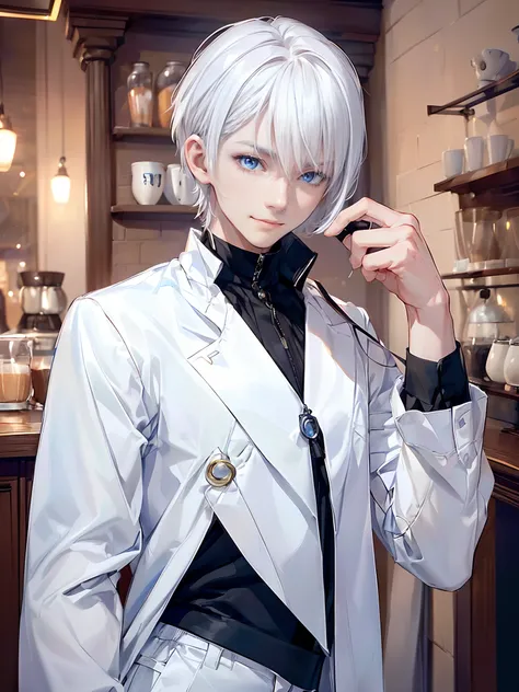 ((4K works))、​masterpiece、(top-quality)、One beautiful boy、Slim body、tall、((Black Y-shirt and white pants、Charming street style))、Please wear one jacket、Wearing a hood to hide his face、(Detailed beautiful eyes)、Daytime coffee shop、((Bright coffee shop inter...