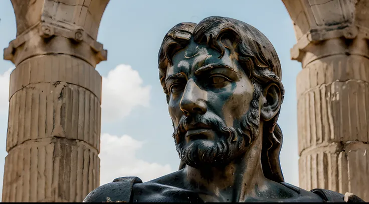 Ancient Stoic Statue With Very Angry Expression, tem barba, muitos detalhes em ambos os olhos, Outside, fundo atenas grego, open sky, com rosto extremamente detalhado full body view, Colors with low saturation with dark tone, Filmado em Sony A7S III com So...