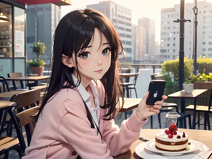 masuter piece, Best Quality, Realistic anime、8K Wallpapers, (beautidful eyes), ((Beautiful)), (lovely) ,(((1girl in))),23years old,((cafe terrace、Sit in front of the table、(Take a photo with your iPhone、Point your smartphone at the table))、A lot of sweets ...