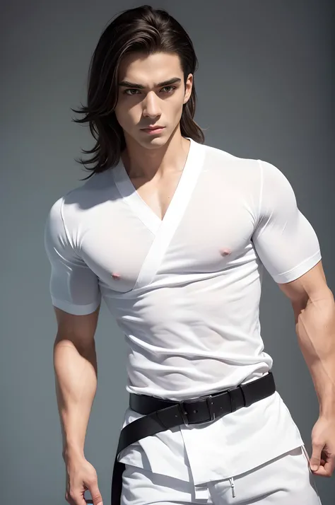 a picture, a handsome, 8k full body portrait of a man, Move ki, disheveled long hair, musculature, Detailed muscular physique, a picture, (​masterpiece, top-quality, top-quality, Official art), Large and dynamic movements, Make a high side kick, Photoreali...