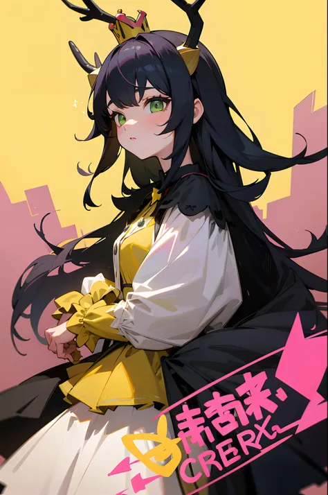 black color hair，Pink princess dress，teens girl，royal house，Yellow crown，starrysky，borgar，Green eyes，deer antlers