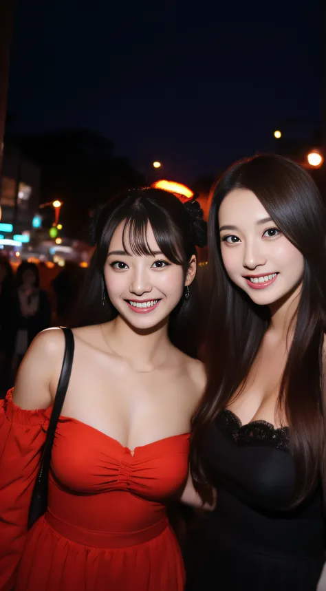 The face is a hostess、Dress as Halloween cosplay、3 people、hiquality、A hyper-realistic、healthy、Smiling expression、Slender perfect figure、Japan beauties、beautidful eyes、face perfect、Beautiful skin、Shibuya at night