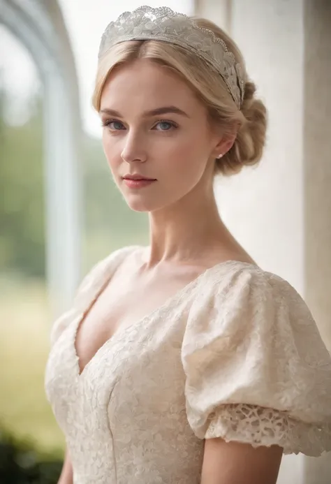 A stunningly beautiful blonde modern-day young lady dressed for Royal Ascot in a conservative day dress with short puffed sleeves