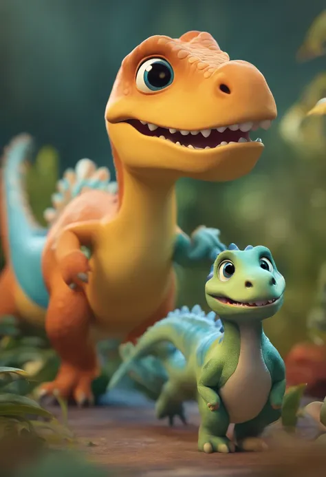 Cute dinosaurs,colorful animations,illustration,Playful,detailed creature,Friendly expressions,Vibrant colors,Interactive artwork,dynamicposes,artistic rendition,Fun and engaging,A high resolution,Ultra-detailed,Physically-based rendering,Lively personalit...