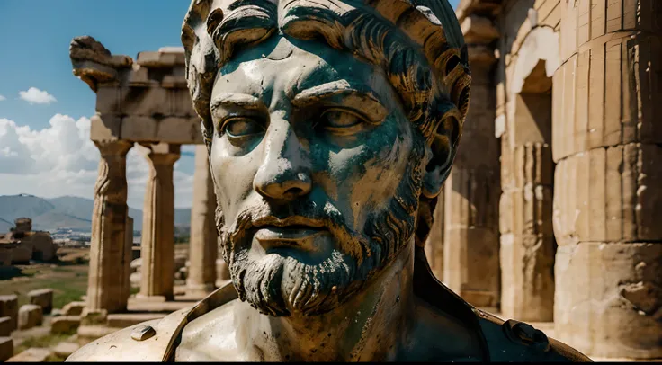 Ancient Stoic Statue With Very Angry Expression, tem barba, muitos detalhes em ambos os olhos, Outside, fundo atenas grego, open sky, com rosto extremamente detalhado full body view, Colors with low saturation with dark tone, Filmado em Sony A7S III com So...