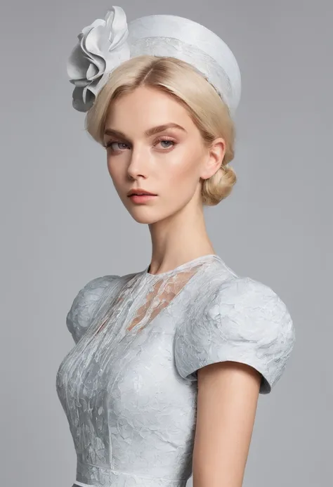 A stunningly beautiful blonde modern-day young lady dressed for Royal Ascot in a conservative day dress with short puffed sleeves