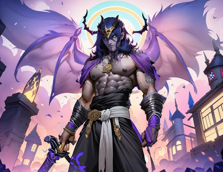 UM homem sem camisa, Wearing a pair of black ragada pants, (Your skin is gray 1:1), ele possui um fisico estetico, In his right hand he is holding a purple spear