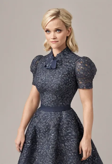 A stunningly beautiful blonde Reese Witherspoon dressed for Royal Ascot in a conservative day dress with short puffed sleeves