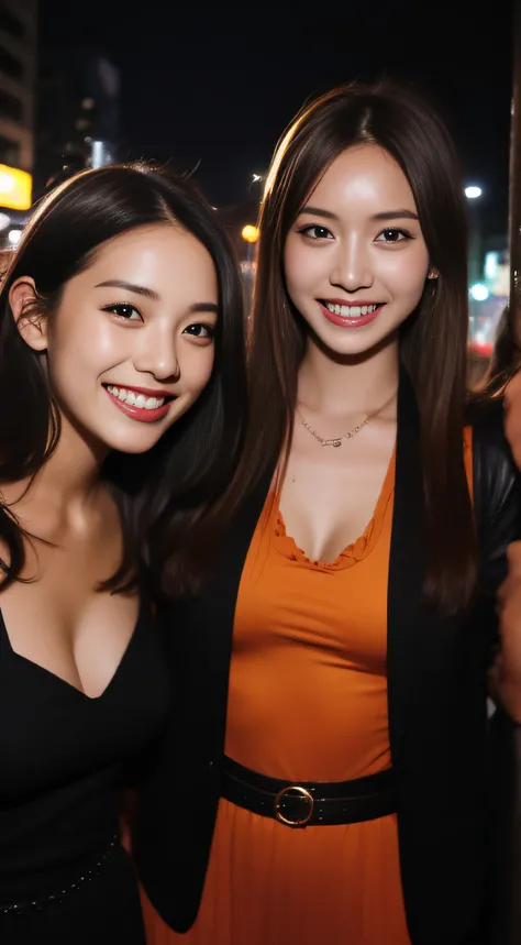 The face is a hostess、Dressed as a pumpkin witch、3 people、hiquality、A hyper-realistic、healthy、Smiling expression、Slender perfect figure、Japan beauties、beautidful eyes、face perfect、Beautiful skin、Shibuya at night