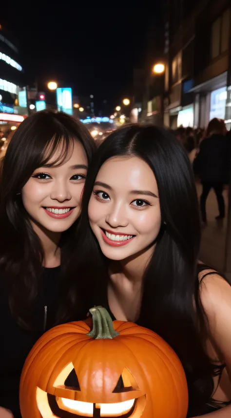 The face is a hostess、Haloin、Dressed as a pumpkin witch、Hats、3 people、hiquality、A hyper-realistic、healthy、Smiling expression、Slender perfect figure、Japan beauties、beautidful eyes、face perfect、Beautiful skin、Shibuya at night