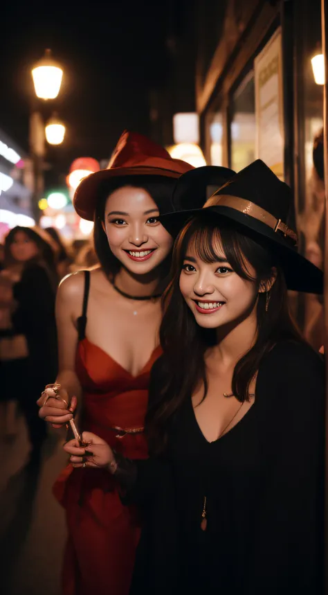 The face is a hostess、Haloin、Dressed as a pumpkin witch、Hats、3 people、hiquality、A hyper-realistic、healthy、Smiling expression、Slender perfect figure、Japan beauties、beautidful eyes、face perfect、Beautiful skin、Shibuya at night