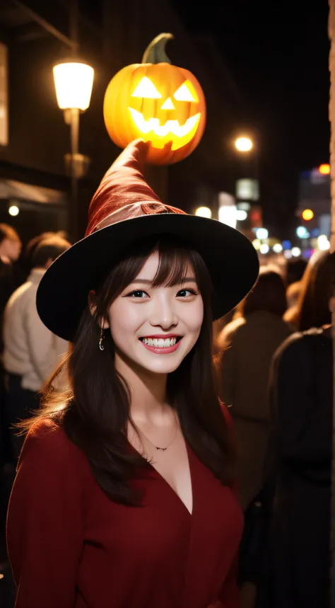 The face is a hostess、Haloin、Dressed as a pumpkin witch、Hats、3 people、hiquality、A hyper-realistic、healthy、Smiling expression、Slender perfect figure、Japan beauties、beautidful eyes、face perfect、Beautiful skin、Shibuya at night