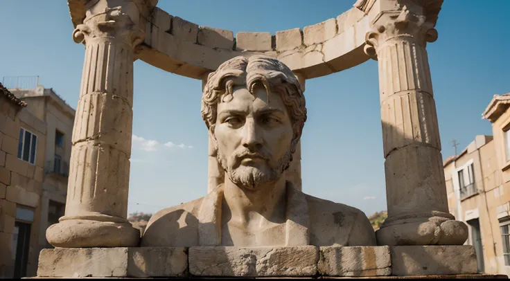 Ancient Stoic Statue With Very Angry Expression, tem barba, muitos detalhes em ambos os olhos, Outside, fundo atenas grego, open sky, com rosto extremamente detalhado full body view, Colors with low saturation with dark tone, Filmado em Sony A7S III com So...