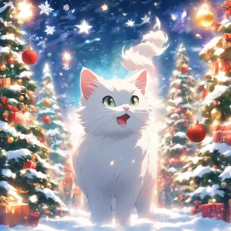 White Cat Christmas Party，biologically correct，1cat