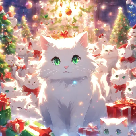 White Cat Christmas Party，biologically correct，1cat