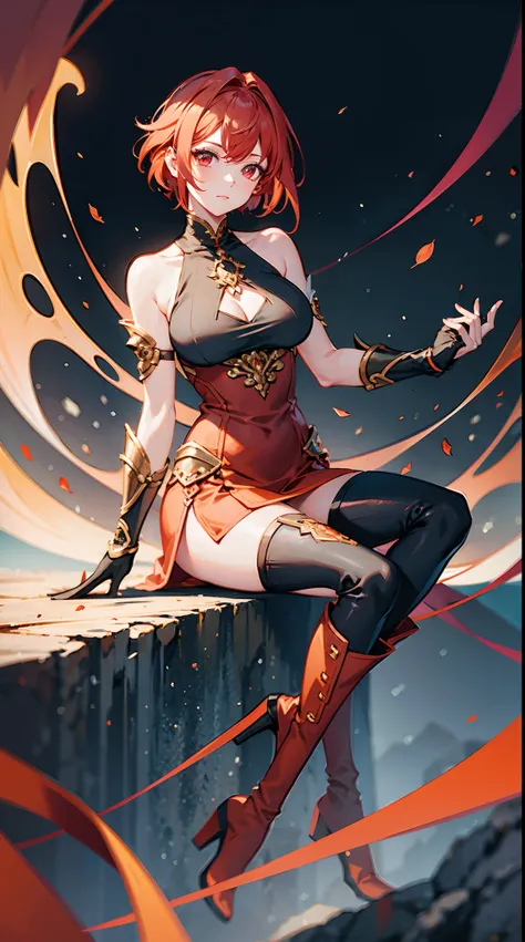 ((Best Quality, in 8K, femele, Seen from the front,masuter piece :0.5)), 1 Woman in fantasy monk attire in orange and white tones, (One head, Two arms, I dont have anything in my hands, maroon short hair, closed eye, Scarlet eyes, Black long tights, large ...