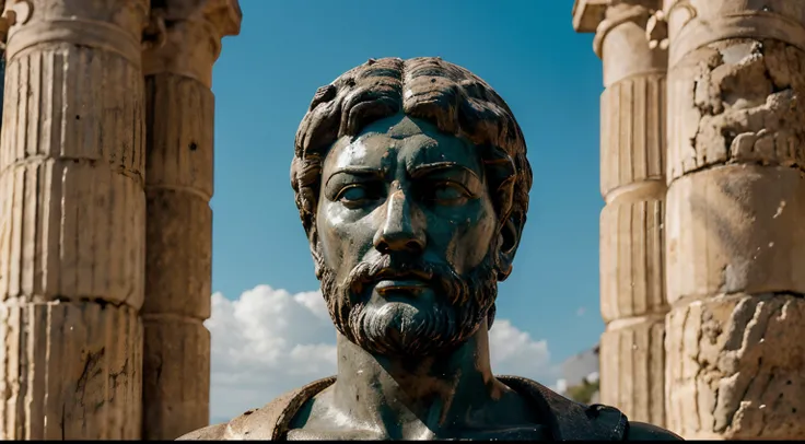 Ancient Stoic Statue With Very Angry Expression, tem barba, muitos detalhes em ambos os olhos, Outside, fundo atenas grego, open sky, com rosto extremamente detalhado full body view, Colors with low saturation with dark tone, Filmado em Sony A7S III com So...