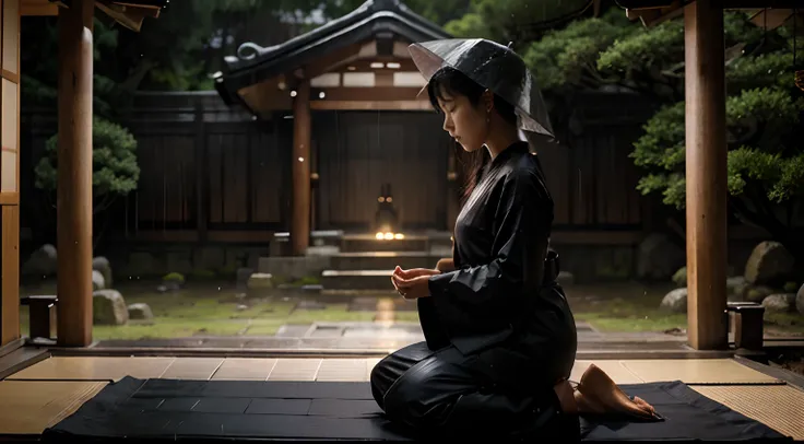 Landscape format, photorealistic, Rainy night in a serene ancient temple, beautiful Japanese woman meditating on left side of image, silhouette, side profile, kneeling posture, kneeling on a mat, wearing traditional Japanese rain hat, night-time, very dark...