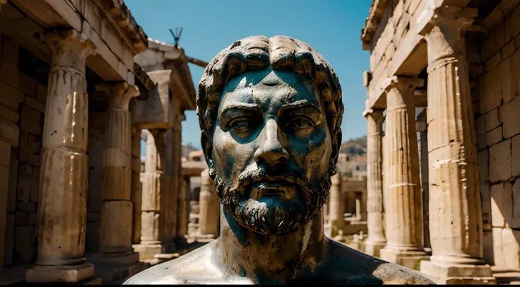 Ancient Stoic Statue With Very Angry Expression, tem barba, muitos detalhes em ambos os olhos, Outside, fundo atenas grego, open sky, com rosto extremamente detalhado full body view, Colors with low saturation with dark tone, Filmado em Sony A7S III com So...