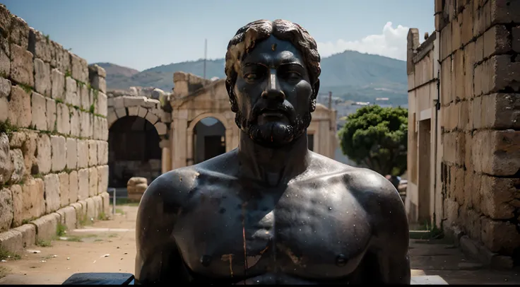 Ancient Stoic Statue With Very Angry Expression, tem barba, muitos detalhes em ambos os olhos, Outside, fundo atenas grego, open sky, com rosto extremamente detalhado full body view, Colors with low saturation with dark tone, Filmado em Sony A7S III com So...