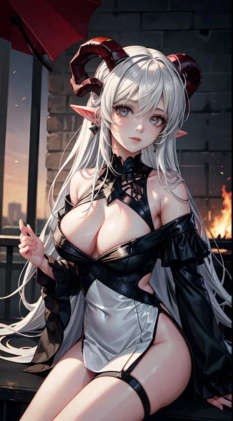 on the street, female devil with the horns, fire as background, White color hair, Off-the-shoulder attire, sexy dress, masterpiece, (high detail:1.1), Rough face, seductive, sexy pose, fashion model posing, Large breasts, Natural skin, high quality, NSFW, ...