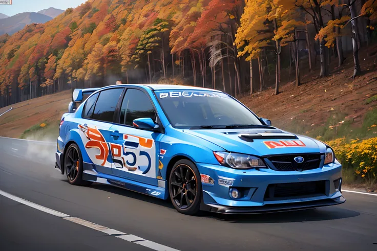 Subaru blue Subaru Impreza STI drifts through the hairpin bends of the mountain pass、The surrounding area is colored with autumn leaves.. ((Subaru Imprezas British American Tobacco Sponsor sticker is affixed to the car body, 555 Sponsor Stickers, many spon...