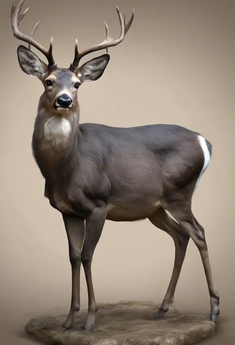 Quadrupedal, four thin legs, deer like tail, deer like ears, deer like horns, pitch black skin, chubby belly, wide hips, thick thighs, massive rear.