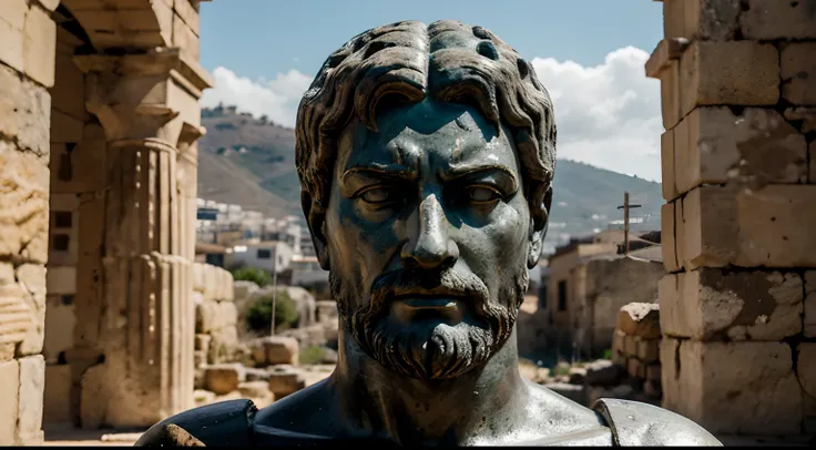 Ancient Stoic Statue With Very Angry Expression, tem barba, muitos detalhes em ambos os olhos, Outside, fundo atenas grego, open sky, com rosto extremamente detalhado full body view, Colors with low saturation with dark tone, Filmado em Sony A7S III com So...