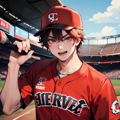 Baseball、Adult male、Macho Men、Athlete Male、Wearing a red baseball uniform、Swinging a baseball bat、Full of dynamism、home run、devilish expression、serious facial expression、Vibrant colors、Background of the baseball stadium、Lots of spectators in the background