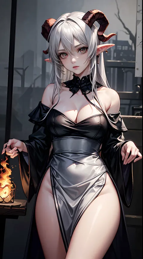 ruined castle as background, female devil with the horns, fire as background, White color hair, Off-the-shoulder attire, sexy dress, masterpiece, (high detail:1.1), Rough face, seductive, sexy pose, fashion model posing, Large breasts, Natural skin, high q...