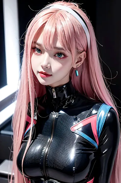 closeup, 1 girl, alone, [dark blue and pink hair: blue and pink hair:0.2], cyberpunk, high tech, V, mechanical parts, looking at audience, black eyes, long hair, luminous laser female super tech jumpsuit, cyberpunk mechanical body parts, with tattoos, inte...