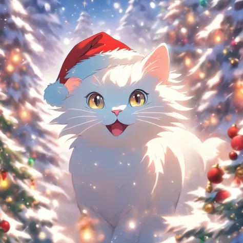 White Cat Christmas，biologically correct，One cat wearing a Santa hat，Very fun