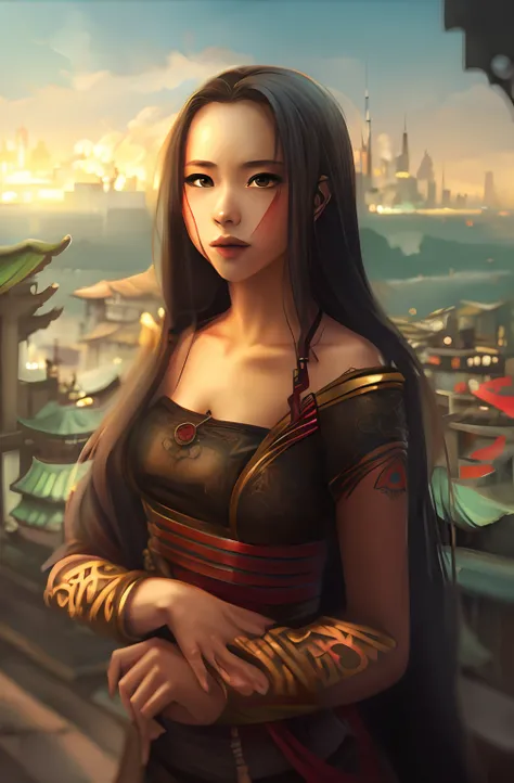 (best quality), girl,oriental detailed background, oriental cityscape, steampunk, miko