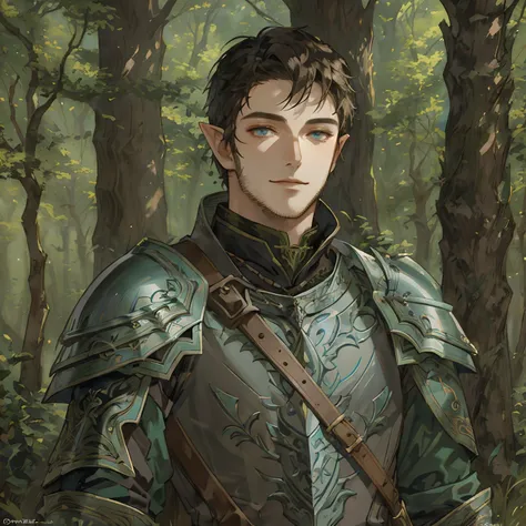 there is a man in armor standing in the woods, a portrait of a male elf, fantasy male portrait, arsen lupin as a paladin, fantasy art smug smile man, male elf ranger, portrait of fin wildcloak, dnd character art portrait, fantasy character portrait, detail...