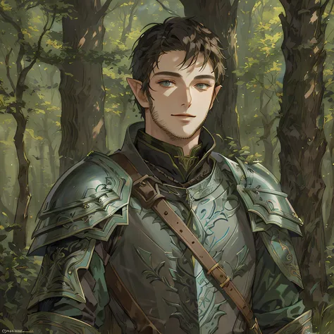 there is a man in armor standing in the woods, a portrait of a male elf, fantasy male portrait, arsen lupin as a paladin, fantasy art smug smile man, male elf ranger, portrait of fin wildcloak, dnd character art portrait, fantasy character portrait, detail...