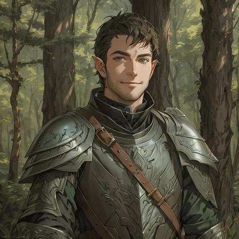 there is a man in armor standing in the woods, a portrait of a male elf, fantasy male portrait, arsen lupin as a paladin, fantasy art smug smile man, male elf ranger, portrait of fin wildcloak, dnd character art portrait, fantasy character portrait, detail...